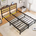 MAYEERTY Queen Bed Frame Metal Wooden Headboard Charger Shelf Quiet No Box Spring Rustic Brown