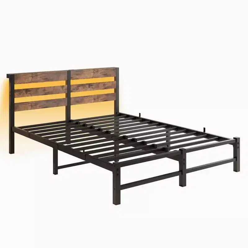 MAYEERTY Cadre de lit Queen Size en métal avec tête de lit en bois, étagère de chargement, silencieux, sans sommier tapissier, marron rustique
