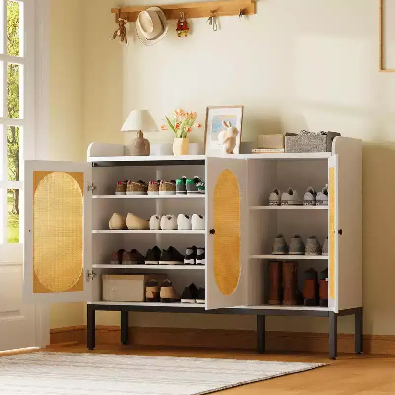 Meuble à chaussures Coolmee avec 3 portes en rotin, organisateur de rangement à chaussures autoportant à 7 niveaux avec étagères réglables pour entrée, couloir, salon
