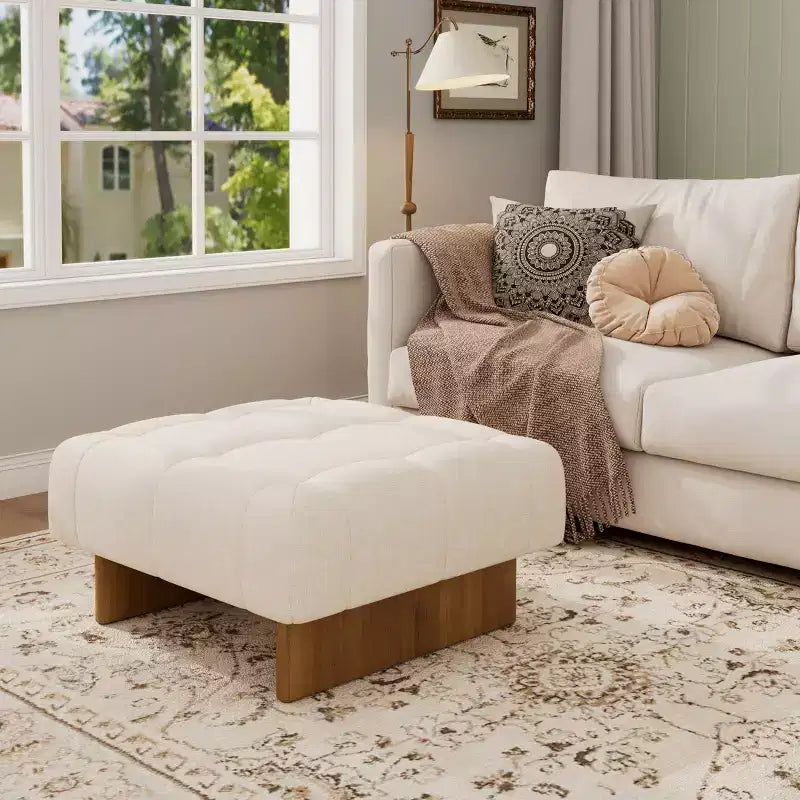 Pouffe carré capitonné en lin Joren Modern de Christopher Knight Home en bois d'hévéa