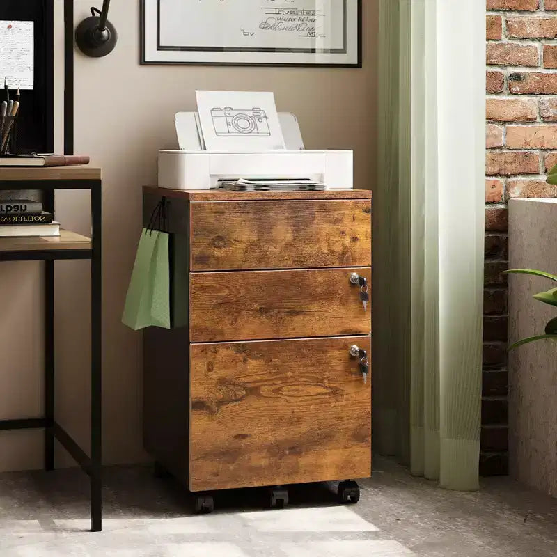 DEXYLLO Caisson de bureau roulant à 3 tiroirs avec serrure, meuble de rangement en bois sous le bureau pour la maison ou le bureau, convient aux documents de format Lettre/Légal/A4