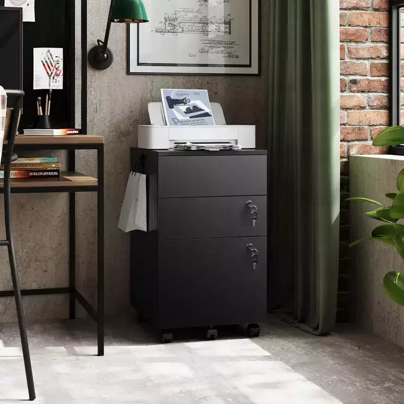 DEXYLLO Caisson de bureau roulant à 3 tiroirs avec serrure, meuble de rangement en bois sous le bureau pour la maison ou le bureau, convient aux documents de format Lettre/Légal/A4