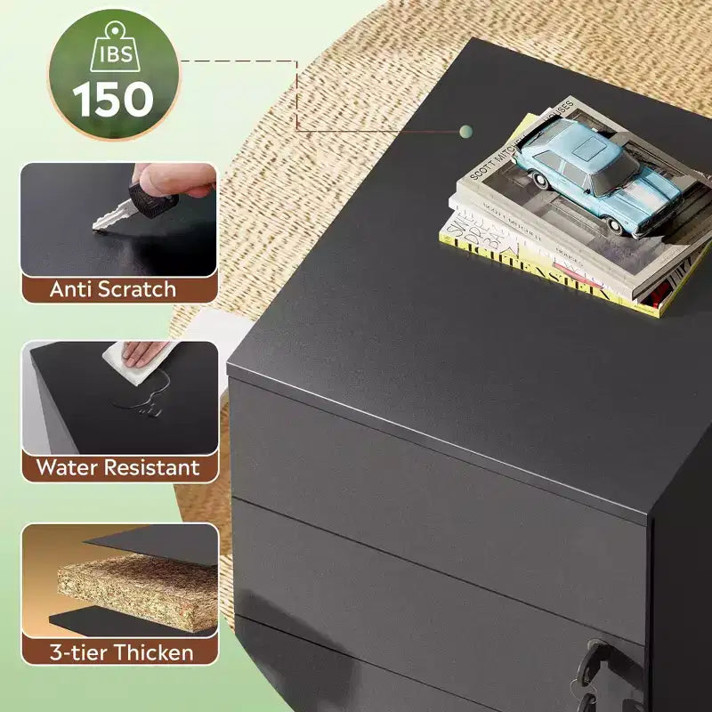 DEXYLLO Caisson de bureau roulant à 3 tiroirs avec serrure, meuble de rangement en bois sous le bureau pour la maison ou le bureau, convient aux documents de format Lettre/Légal/A4