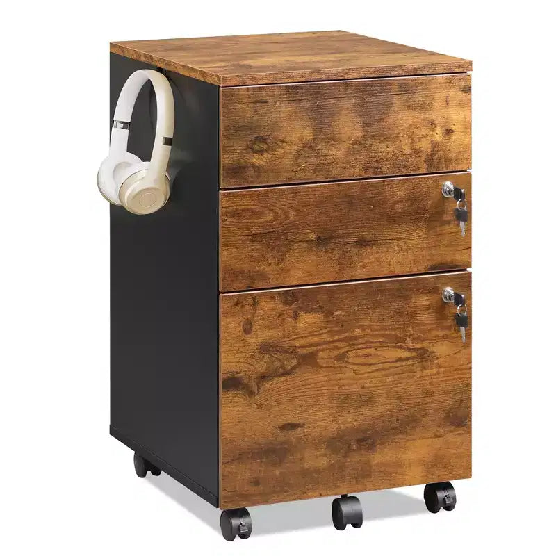 DEXYLLO Caisson de bureau roulant à 3 tiroirs avec serrure, meuble de rangement en bois sous le bureau pour la maison ou le bureau, convient aux documents de format Lettre/Légal/A4