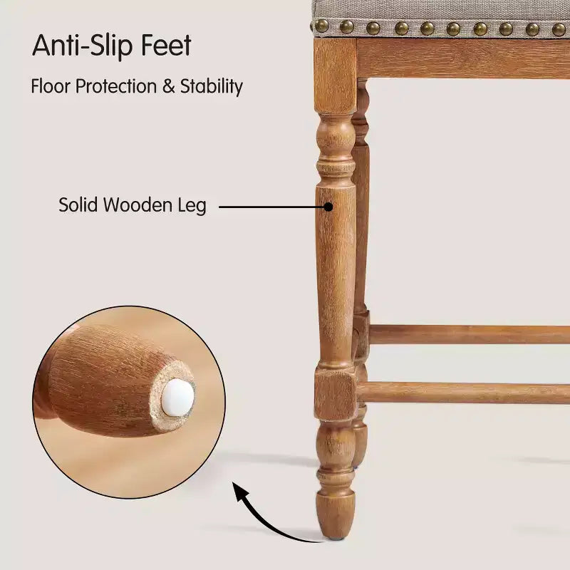 Subrtex 26.6Tabouret de comptoir et de bar sans dossier en bois massif, rembourré en lin avec garniture cloutée, cadre en bois massif rustique pour cuisine et bar (Lot de 2)