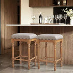 Subrtex 26.6Tabouret de comptoir et de bar sans dossier en bois massif, rembourré en lin avec garniture cloutée, cadre en bois massif rustique pour cuisine et bar (Lot de 2)