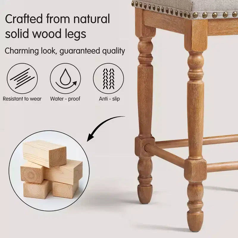 Subrtex 26.6Tabouret de comptoir et de bar sans dossier en bois massif, rembourré en lin avec garniture cloutée, cadre en bois massif rustique pour cuisine et bar (Lot de 2)