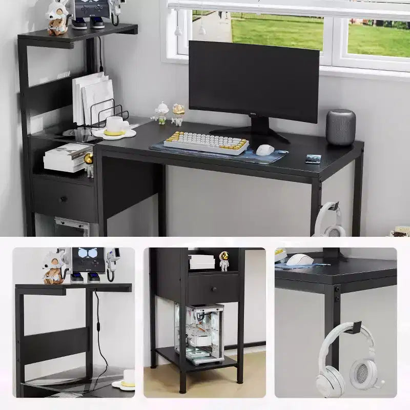 Bureau d'ordinateur rustique Okak avec étagères de rangement et tiroir/placard, bureau d'écriture multifonctionnel pour l'étude, le bureau, le studio
