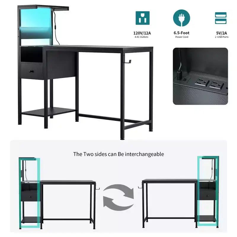 Bureau d'ordinateur rustique Okak avec étagères de rangement et tiroir/placard, bureau d'écriture multifonctionnel pour l'étude, le bureau, le studio