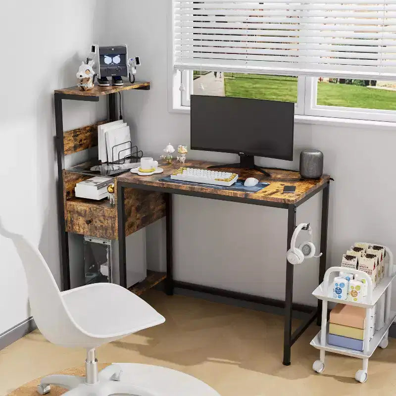 Bureau d'ordinateur rustique Okak avec étagères de rangement et tiroir/placard, bureau d'écriture multifonctionnel pour l'étude, le bureau, le studio
