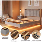 Cadre de lit flottant sécurisé COZONY, lumières LED et station de charge, tête de lit rembourrée, lattes en bois
