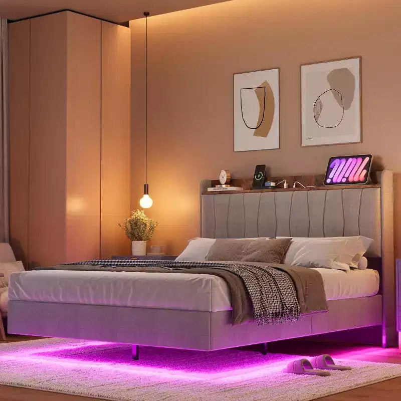 Cadre de lit flottant sécurisé COZONY, lumières LED et station de charge, tête de lit rembourrée, lattes en bois