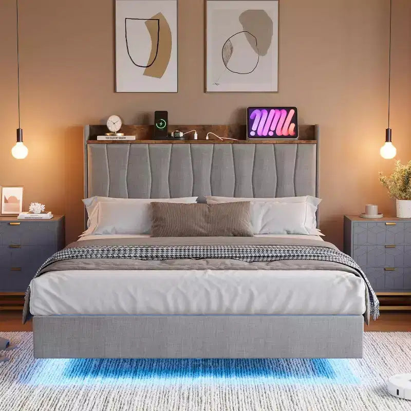Cadre de lit flottant sécurisé COZONY, lumières LED et station de charge, tête de lit rembourrée, lattes en bois