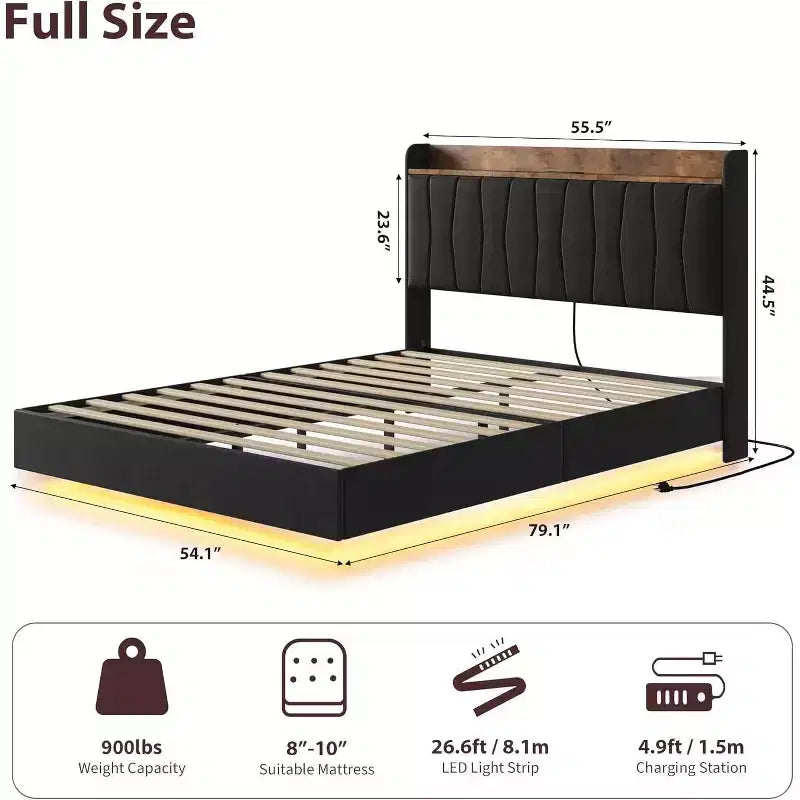 Cadre de lit flottant sécurisé COZONY, lumières LED et station de charge, tête de lit rembourrée, lattes en bois