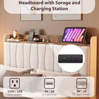 Cadre de lit flottant sécurisé COZONY, lumières LED et station de charge, tête de lit rembourrée, lattes en bois