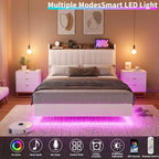 Cadre de lit flottant sécurisé COZONY, lumières LED et station de charge, tête de lit rembourrée, lattes en bois