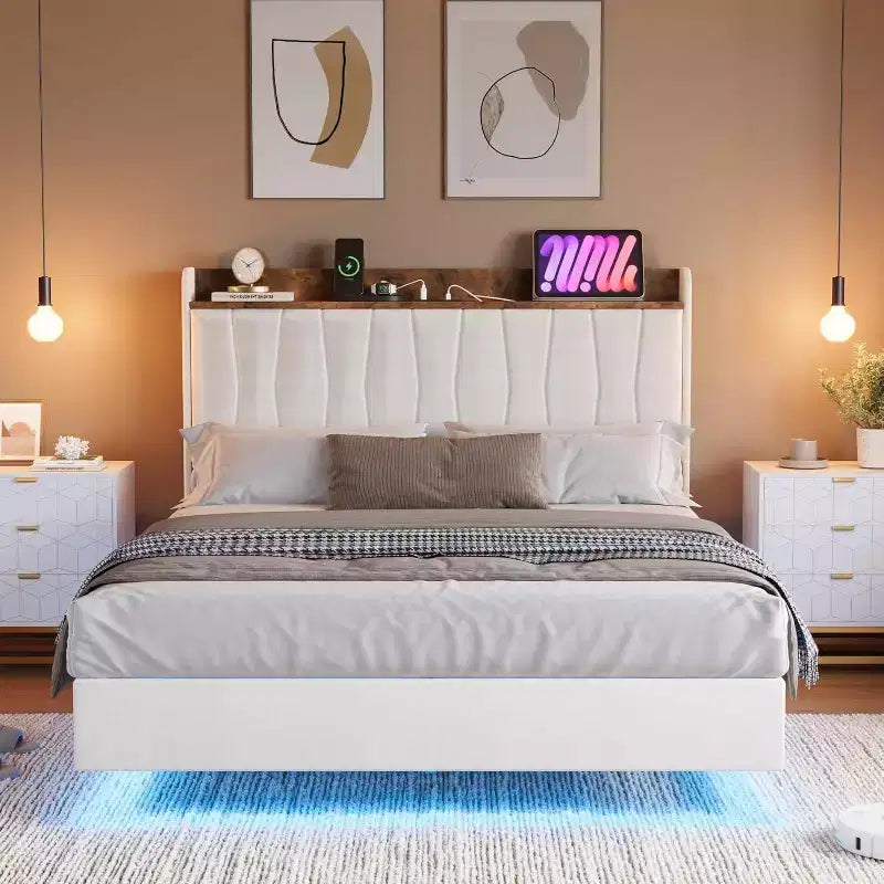 Cadre de lit flottant sécurisé COZONY, lumières LED et station de charge, tête de lit rembourrée, lattes en bois