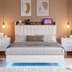 Cadre de lit flottant sécurisé COZONY, lumières LED et station de charge, tête de lit rembourrée, lattes en bois