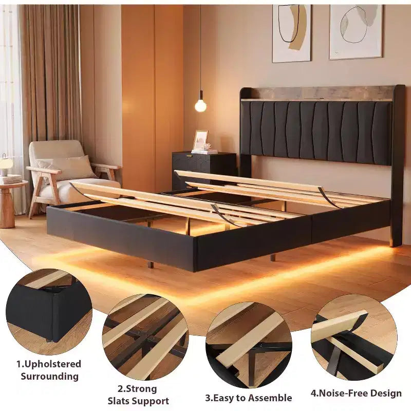 Cadre de lit flottant sécurisé COZONY, lumières LED et station de charge, tête de lit rembourrée, lattes en bois