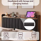 Cadre de lit flottant sécurisé COZONY, lumières LED et station de charge, tête de lit rembourrée, lattes en bois