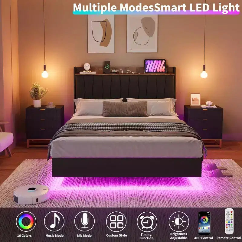Cadre de lit flottant sécurisé COZONY, lumières LED et station de charge, tête de lit rembourrée, lattes en bois