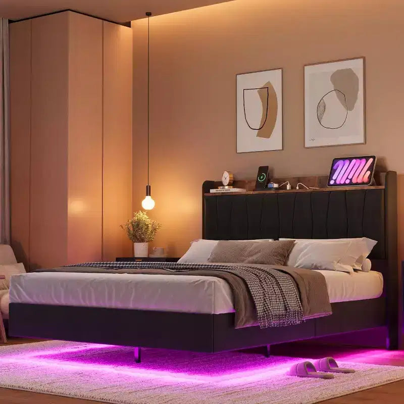 Cadre de lit flottant sécurisé COZONY, lumières LED et station de charge, tête de lit rembourrée, lattes en bois