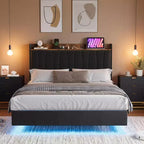 Cadre de lit flottant sécurisé COZONY, lumières LED et station de charge, tête de lit rembourrée, lattes en bois