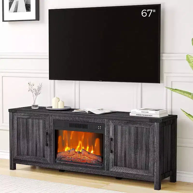Meuble TV avec cheminée Acekool de 170 cm avec rangement, portes de grange, flamme réglable, télécommande, console de divertissement pour salon