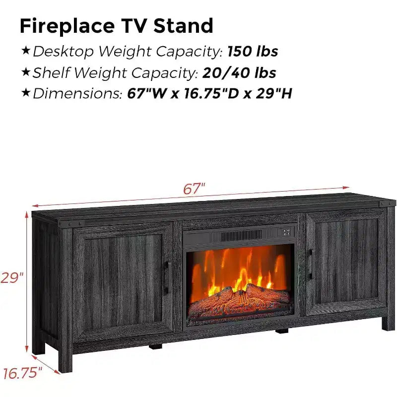 Meuble TV avec cheminée Acekool de 170 cm avec rangement, portes de grange, flamme réglable, télécommande, console de divertissement pour salon