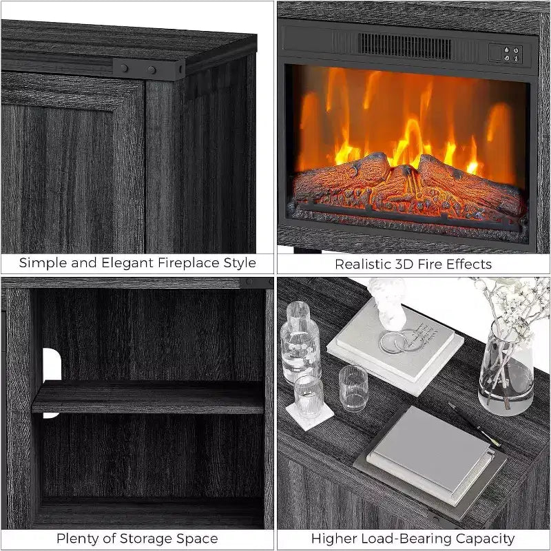 Meuble TV avec cheminée Acekool de 170 cm avec rangement, portes de grange, flamme réglable, télécommande, console de divertissement pour salon