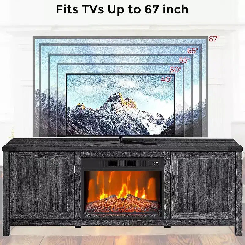 Meuble TV avec cheminée Acekool de 170 cm avec rangement, portes de grange, flamme réglable, télécommande, console de divertissement pour salon