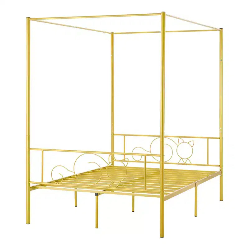 VEVOR Full Size Canopy Bed Frame, Metal Canopy Bed with Minimalist Headboard & Four Posters Design, Heavy Duty Steel Slats Support, Gold