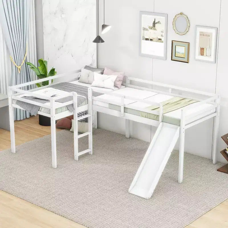 Lit superposé double en bois de taille double avec toboggan, lit superposé en L avec garde-corps pleine longueur pour chambre d'enfant