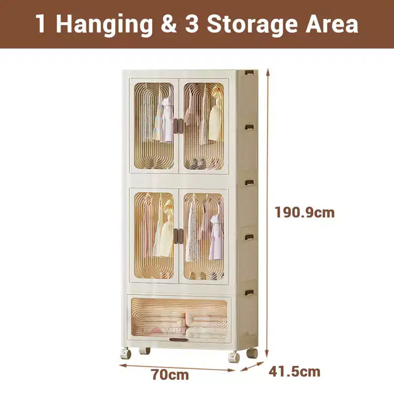 Armoire portable 3 niveaux pour enfants avec portes, meuble de rangement en plastique pour vêtements d'enfants avec tringle de suspension et 10 cintres