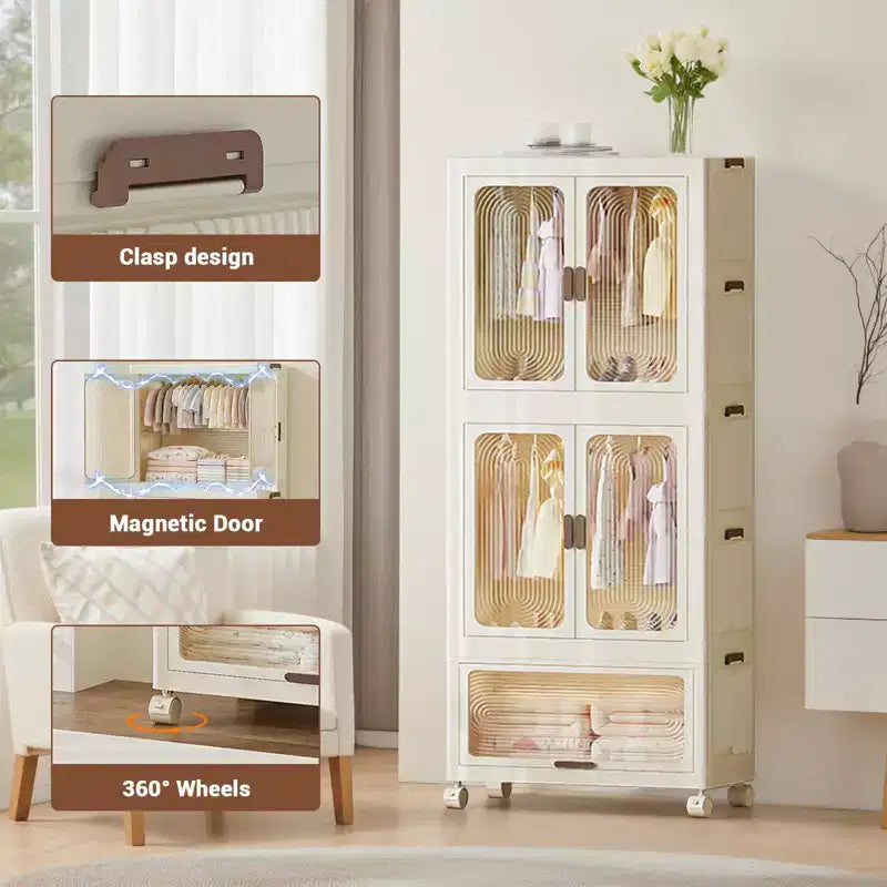 Armoire portable 3 niveaux pour enfants avec portes, meuble de rangement en plastique pour vêtements d'enfants avec tringle de suspension et 10 cintres