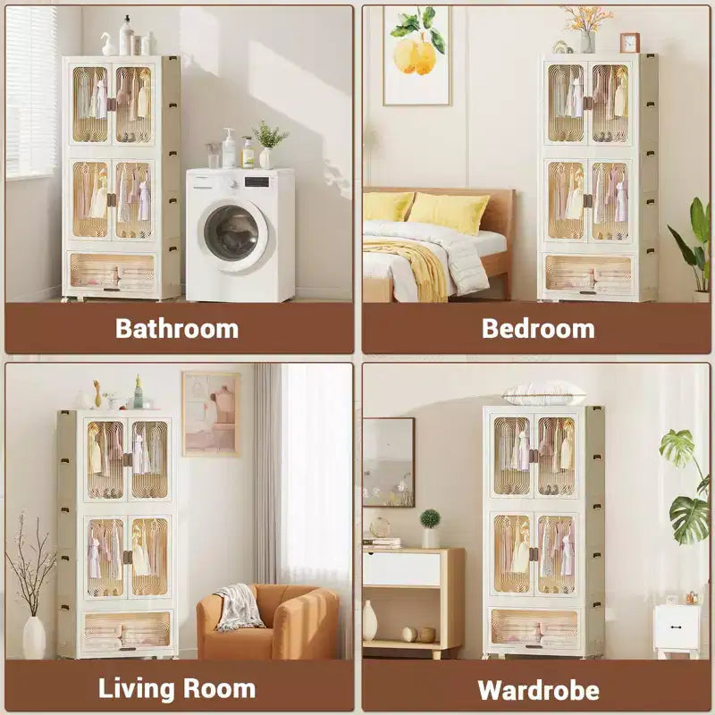 Armoire portable 3 niveaux pour enfants avec portes, meuble de rangement en plastique pour vêtements d'enfants avec tringle de suspension et 10 cintres
