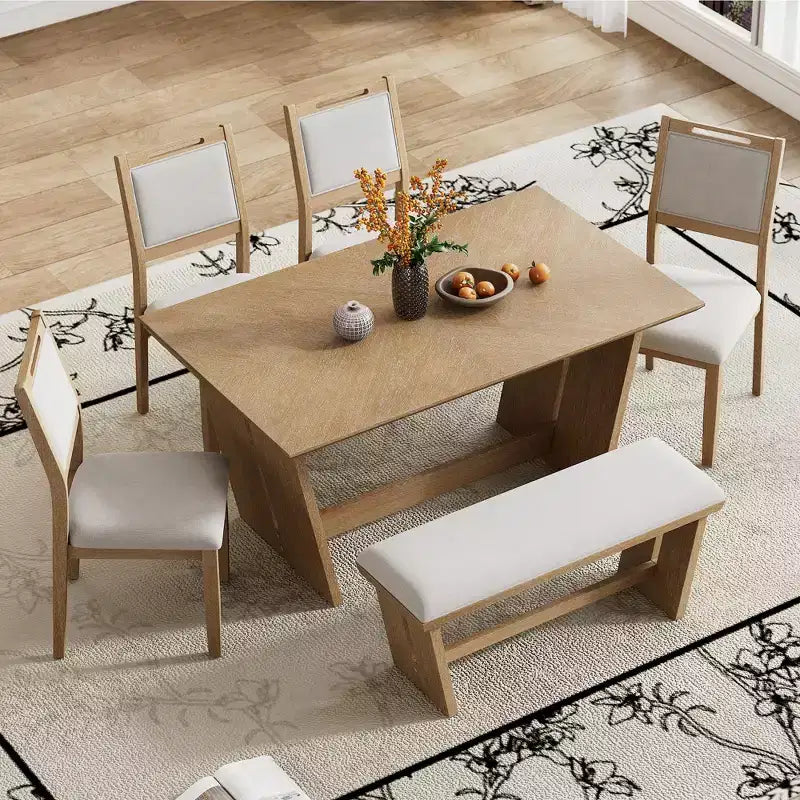 Ensemble de salle à manger 6 pièces GDFStudio Herty avec table de cuisine en bois d'hévéa de 60 et chaises et banc rembourrés