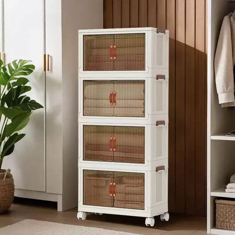 Bacs de rangement empilables en plastique GustoWave à 4 niveaux, 4 bacs de rangement pliables avec roulettes Organisateur de placard et rangement à double porte pour chambre à coucher