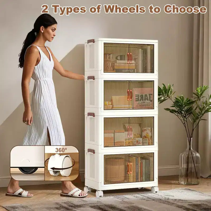 Bacs de rangement empilables en plastique GustoWave à 4 niveaux, 4 bacs de rangement pliables avec roulettes Organisateur de placard et rangement à double porte pour chambre à coucher