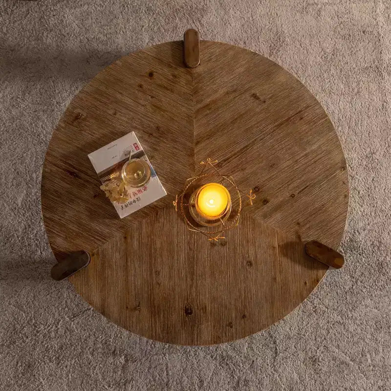 Table basse ronde en bois CLIHOME pour salon, Table basse rustique naturelle pour appartement