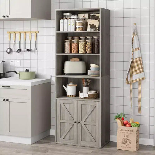 Bibliothèque de ferme Acekool avec portes, armoire de rangement et de présentation de 6 étagères de 181,3 cm de haut, gris rustique, lot de 2