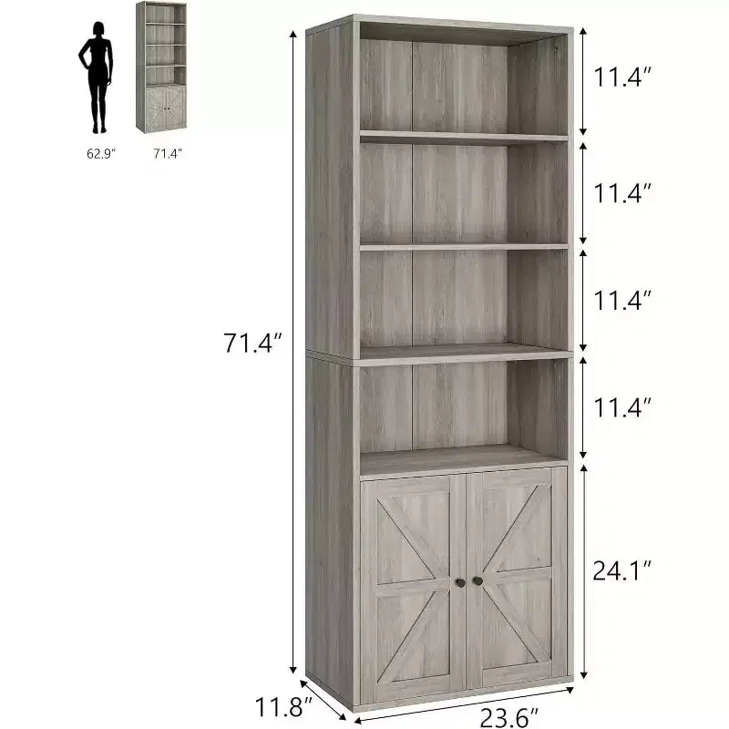 Bibliothèque de ferme Acekool avec portes, armoire de rangement et de présentation de 6 étagères de 181,3 cm de haut, gris rustique, lot de 2