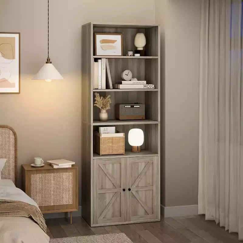 Bibliothèque de ferme Acekool avec portes, armoire de rangement et de présentation de 6 étagères de 181,3 cm de haut, gris rustique, lot de 2