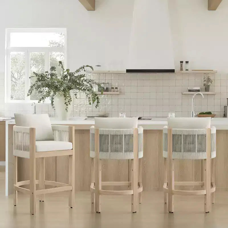 Tabouret de bar de comptoir moderne Spruce&Spring en bois d'acacia rembourré avec dossier en corde tressée à la main pour intérieur et extérieur, lot de 2