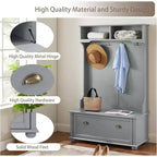 Porte-manteau Acekool en métal gris avec banc, patères et étagères de rangement ouvertes, organiseur compact pour entrée