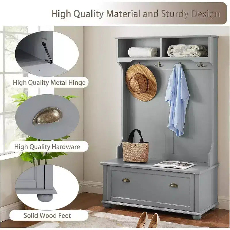 Porte-manteau Acekool en métal gris avec banc, patères et étagères de rangement ouvertes, organiseur compact pour entrée