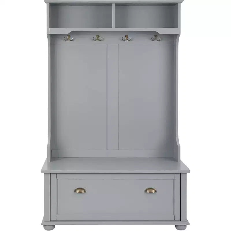 Porte-manteau Acekool en métal gris avec banc, patères et étagères de rangement ouvertes, organiseur compact pour entrée