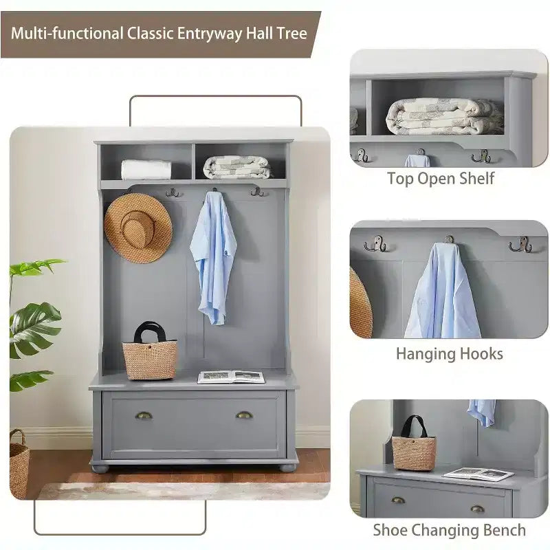 Porte-manteau Acekool en métal gris avec banc, patères et étagères de rangement ouvertes, organiseur compact pour entrée
