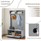 Porte-manteau Acekool en métal gris avec banc, patères et étagères de rangement ouvertes, organiseur compact pour entrée