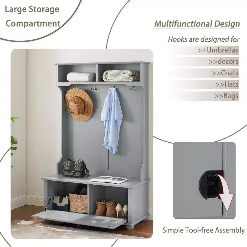 Porte-manteau Acekool en métal gris avec banc, patères et étagères de rangement ouvertes, organiseur compact pour entrée